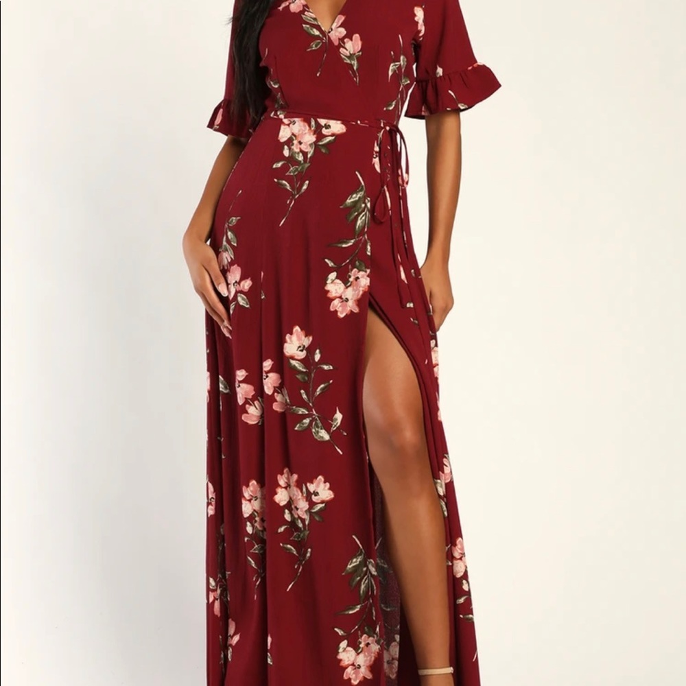 Lulus September Sunsets Burgundy Floral Print Wrap Dress